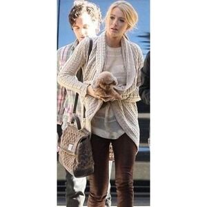 CABI Cream Beige Cotton Crochet Knit Open Front Circle Shawl Cardigan Sweater‎
